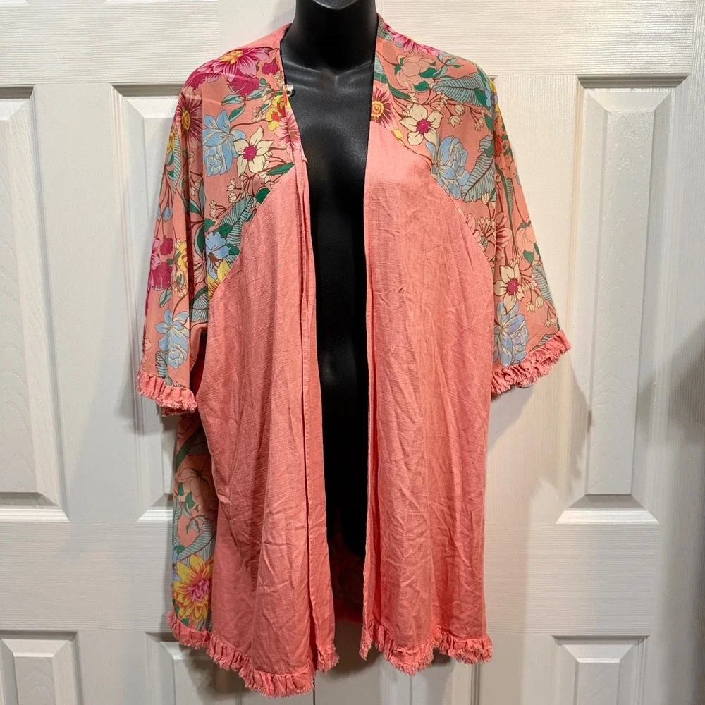Umgee USA Floral Kimono Cardigan‎ Coral Pink Fringe Trim Boho Open Front S/M